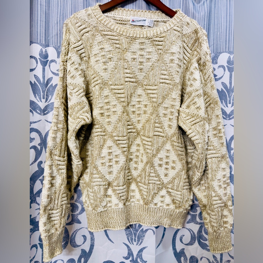 Vtg 90s Directions USA Mens Pullover Cotton Cable Knit Sweater Union Made Sz L